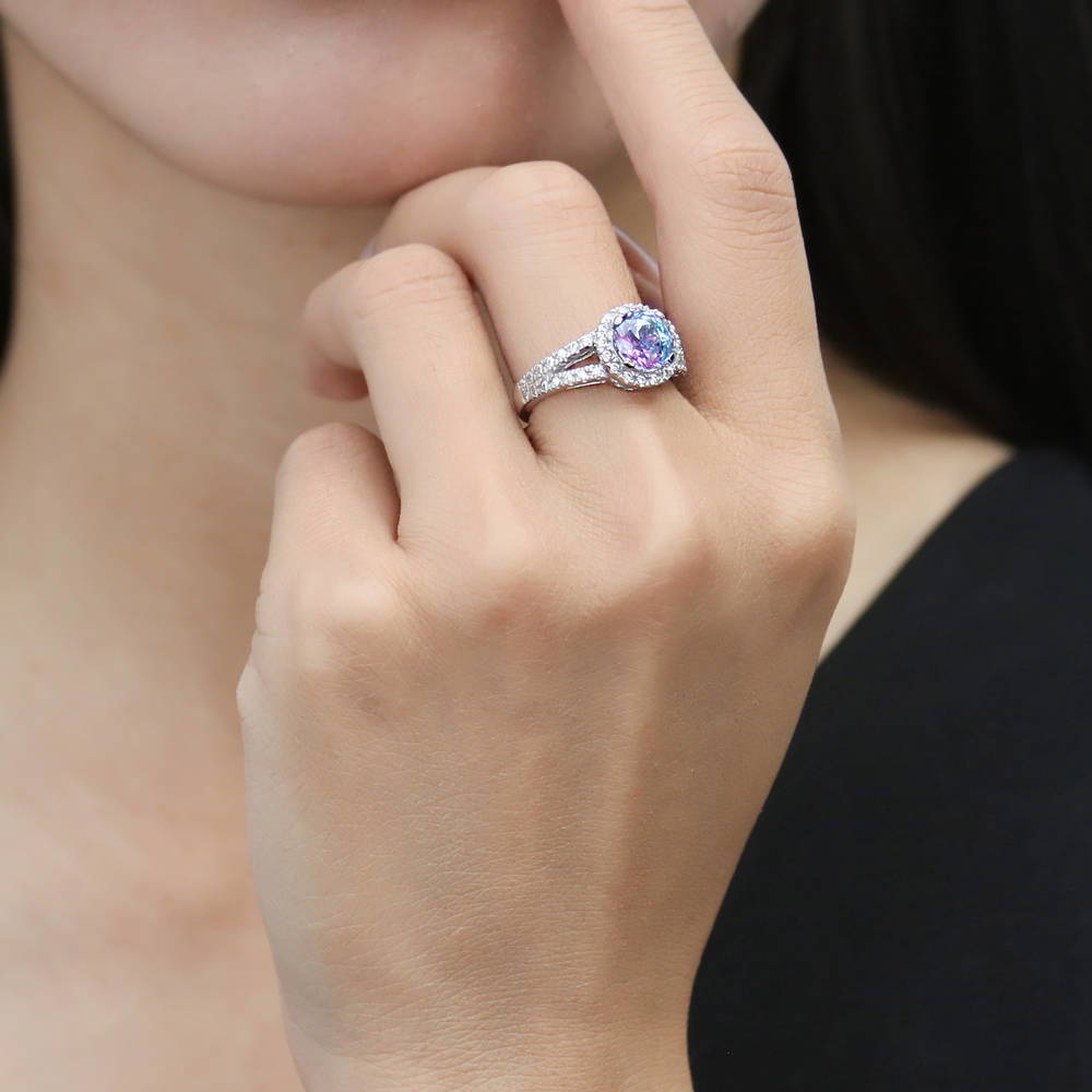 Model wearing Halo Purple Aqua CZ Split Shank Ring in Sterling Silver, 6 of 8