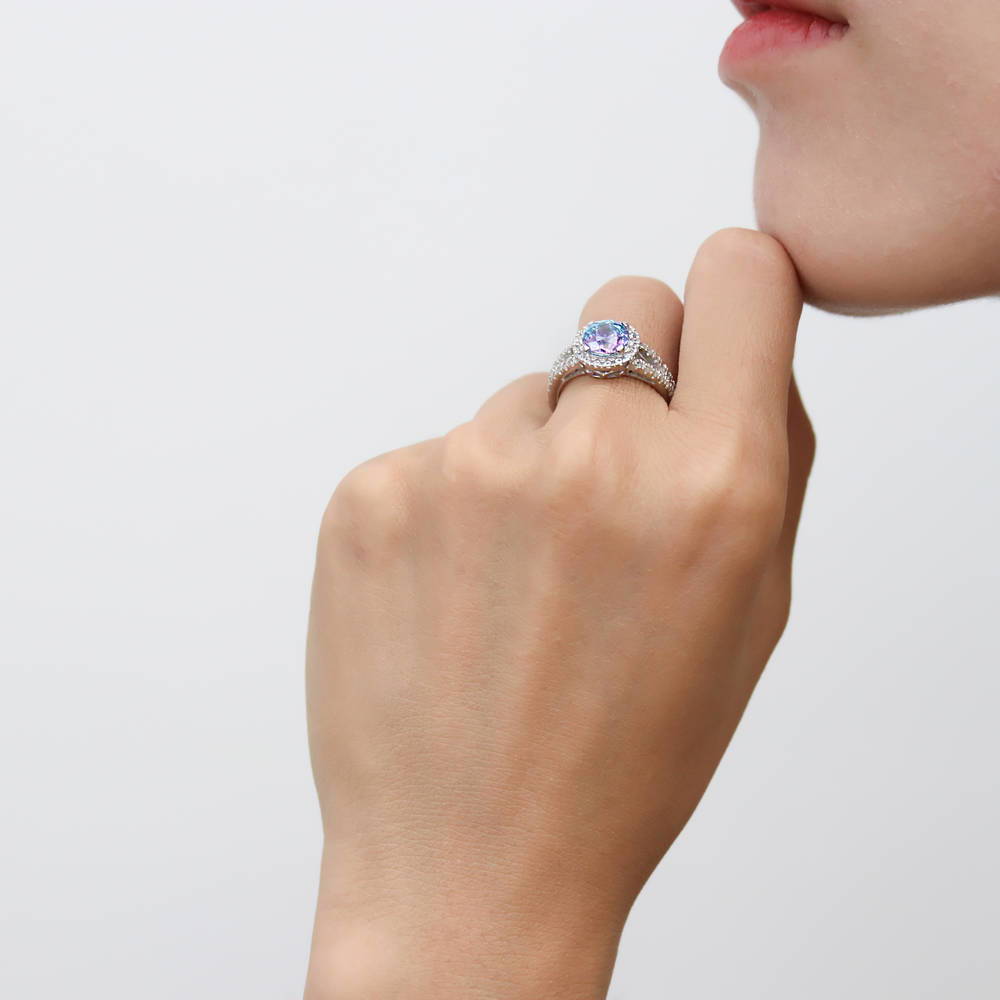 Halo Purple Aqua CZ Split Shank Ring in Sterling Silver