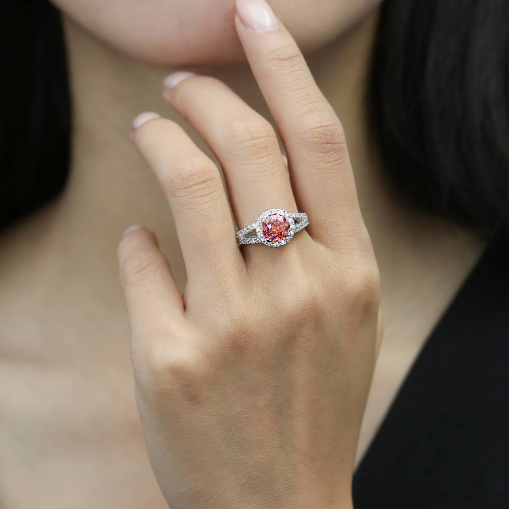 Model wearing Halo Red Orange CZ Split Shank Ring in Sterling Silver, 3 of 8