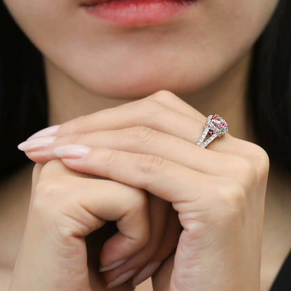 Halo Red Orange CZ Split Shank Ring in Sterling Silver