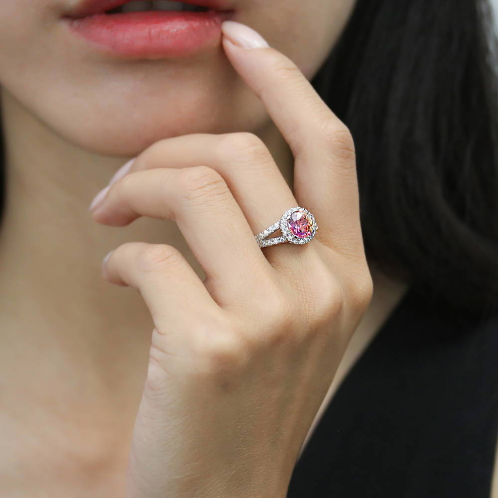 Model wearing Halo Red Orange CZ Split Shank Ring in Sterling Silver, 2 of 8