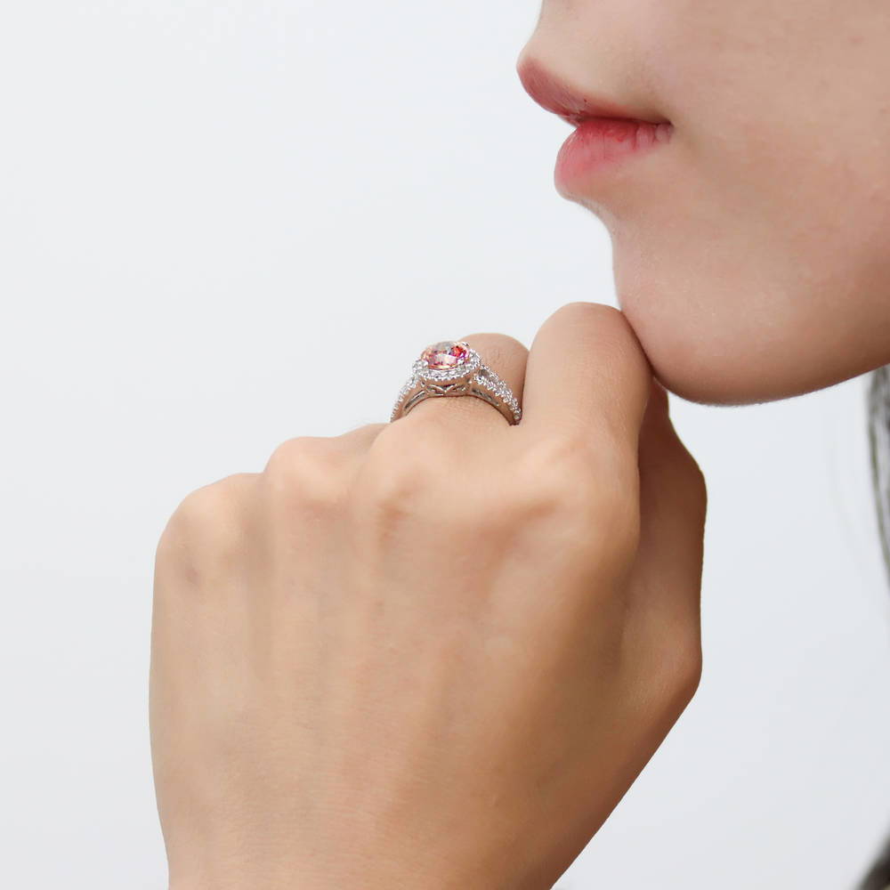Model wearing Halo Red Orange CZ Split Shank Ring in Sterling Silver, 6 of 8