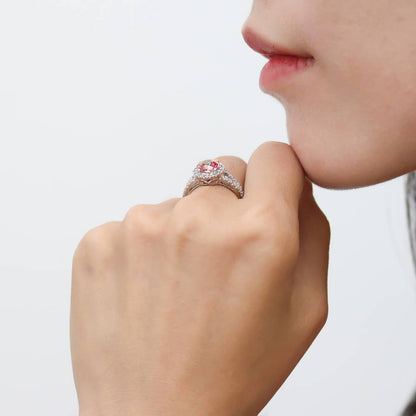 Halo Red Orange CZ Split Shank Ring in Sterling Silver