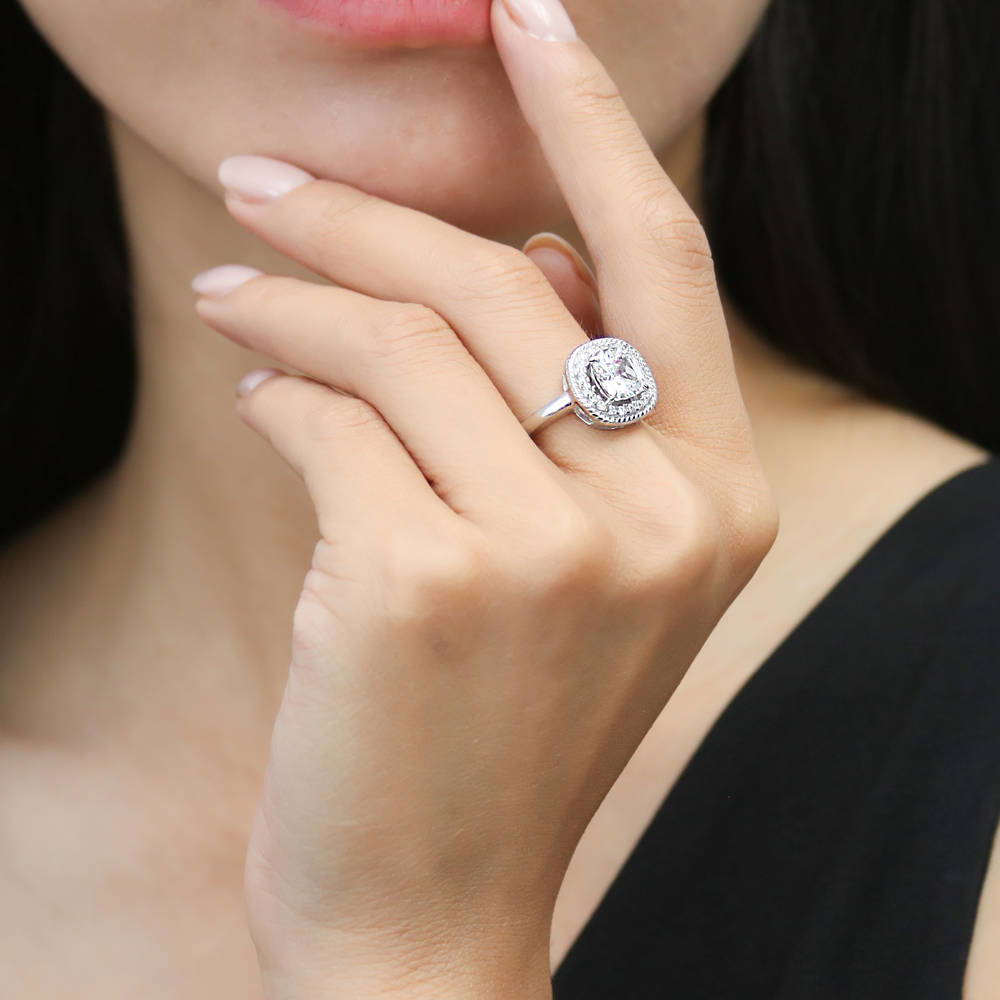 Model wearing Halo Woven Art Deco Cushion CZ Ring in Sterling Silver, 6 of 8