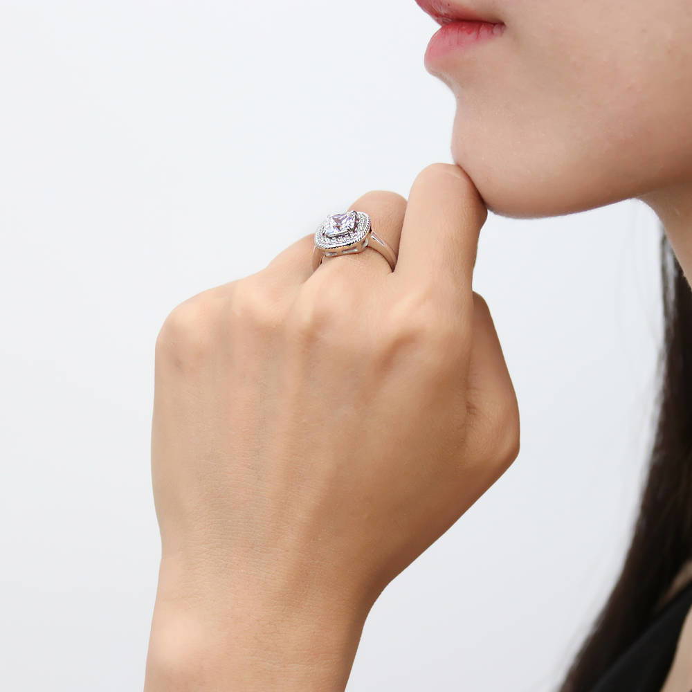 Halo Woven Art Deco Cushion CZ Ring in Sterling Silver