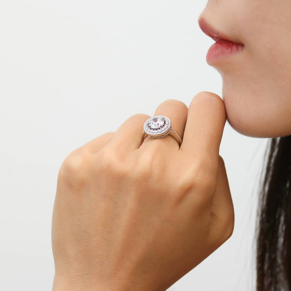 Model wearing Halo Cable Art Deco CZ Ring in Sterling Silver, 3 of 8