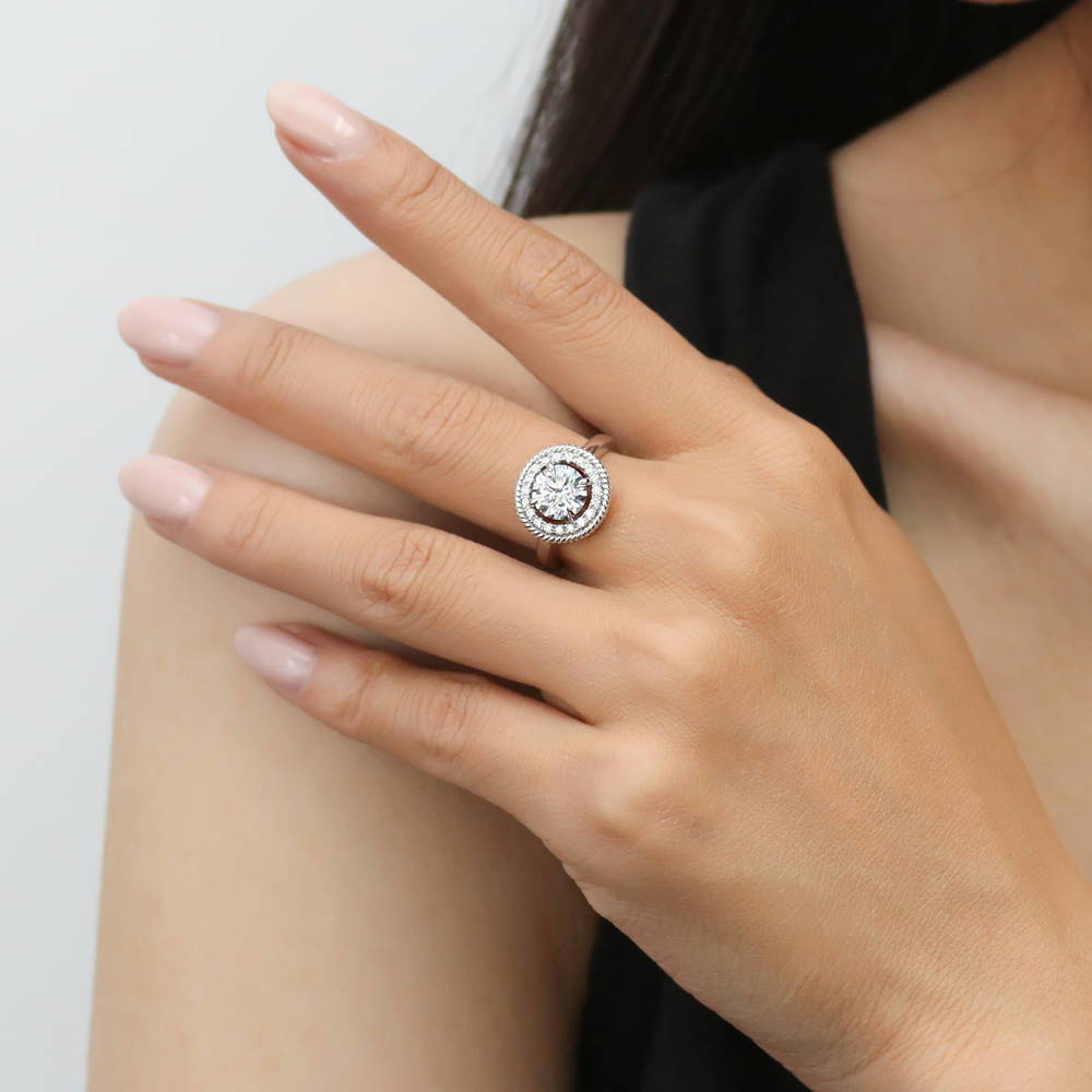 Model wearing Halo Cable Art Deco CZ Ring in Sterling Silver, 2 of 8