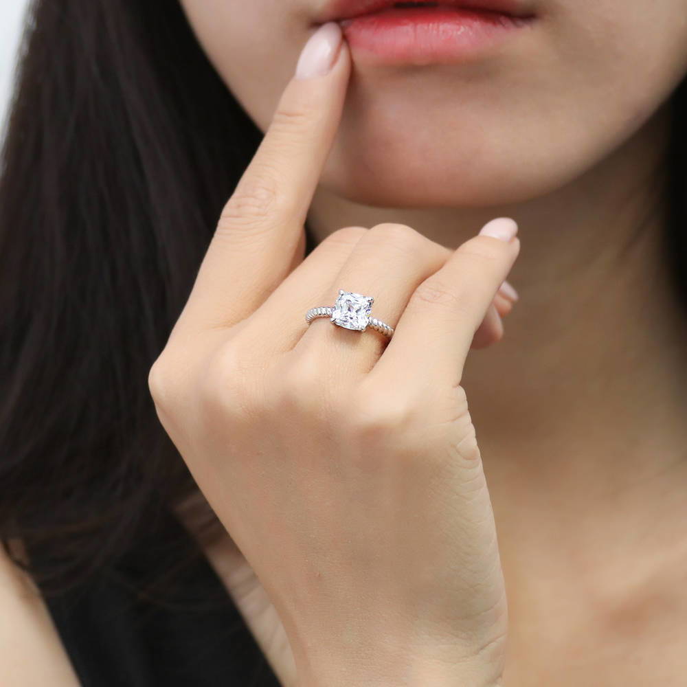 Model wearing Woven Solitaire 2ct CZ Ring in Sterling Silver, 3 of 7