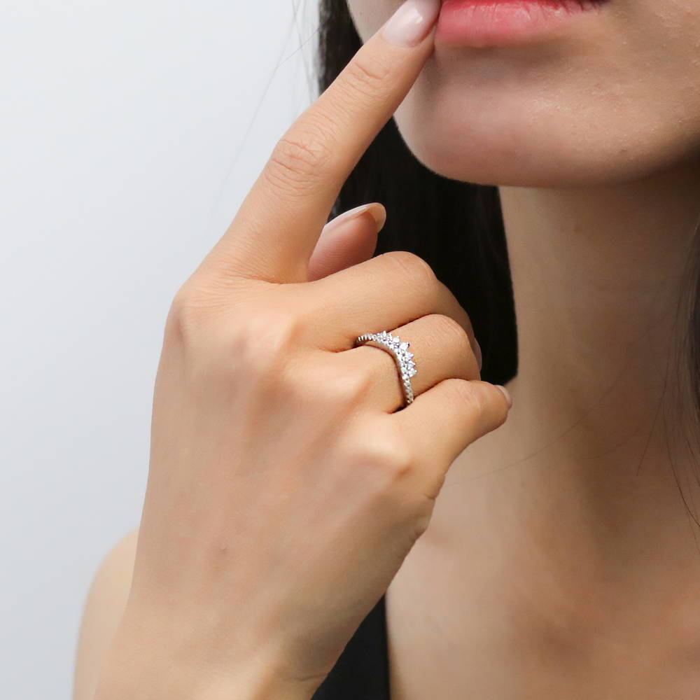 Model wearing Wishbone CZ Curved Half Eternity Ring in Sterling Silver, 6 of 8