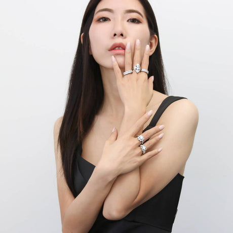 Image Contain: Model Wearing Flower Ring, Half Eternity Ring, Milgrain Ring