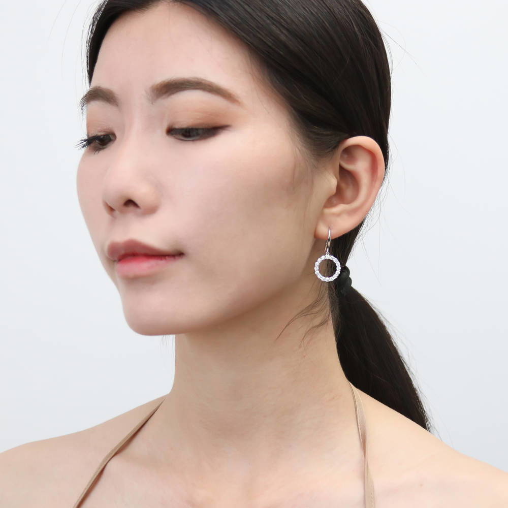 Model wearing Open Circle CZ Fish Hook Earrings in Sterling Silver, 4 of 8