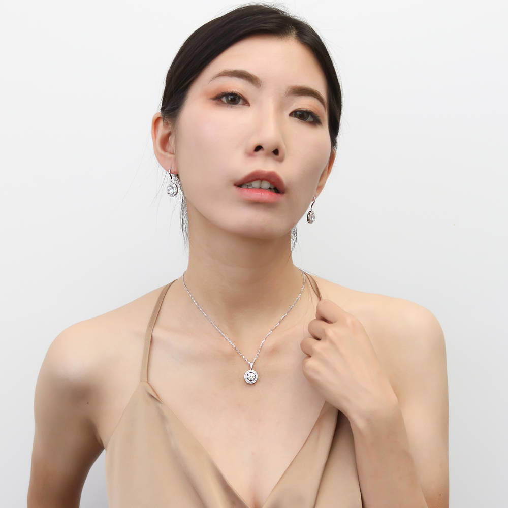 Model wearing Halo Cable Art Deco CZ Fish Hook Earrings in Sterling Silver, 3 of 4
