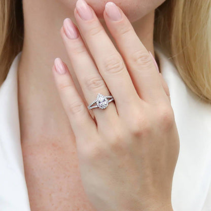 Halo Wishbone Pear CZ Split Shank Ring Set in Sterling Silver