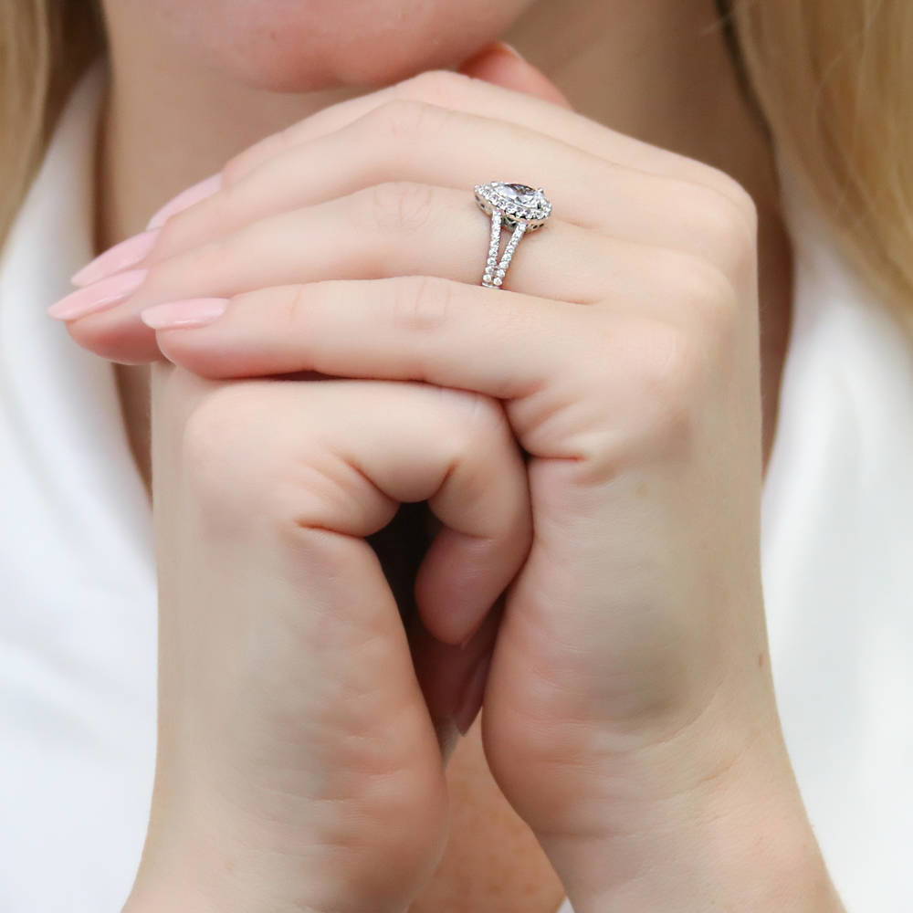 Halo Pear CZ Split Shank Ring in Sterling Silver