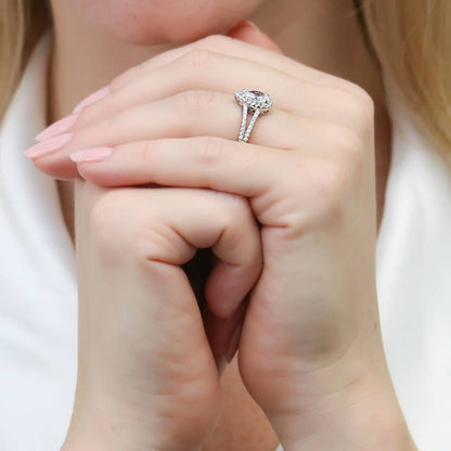 Halo Wishbone Pear CZ Split Shank Ring Set in Sterling Silver