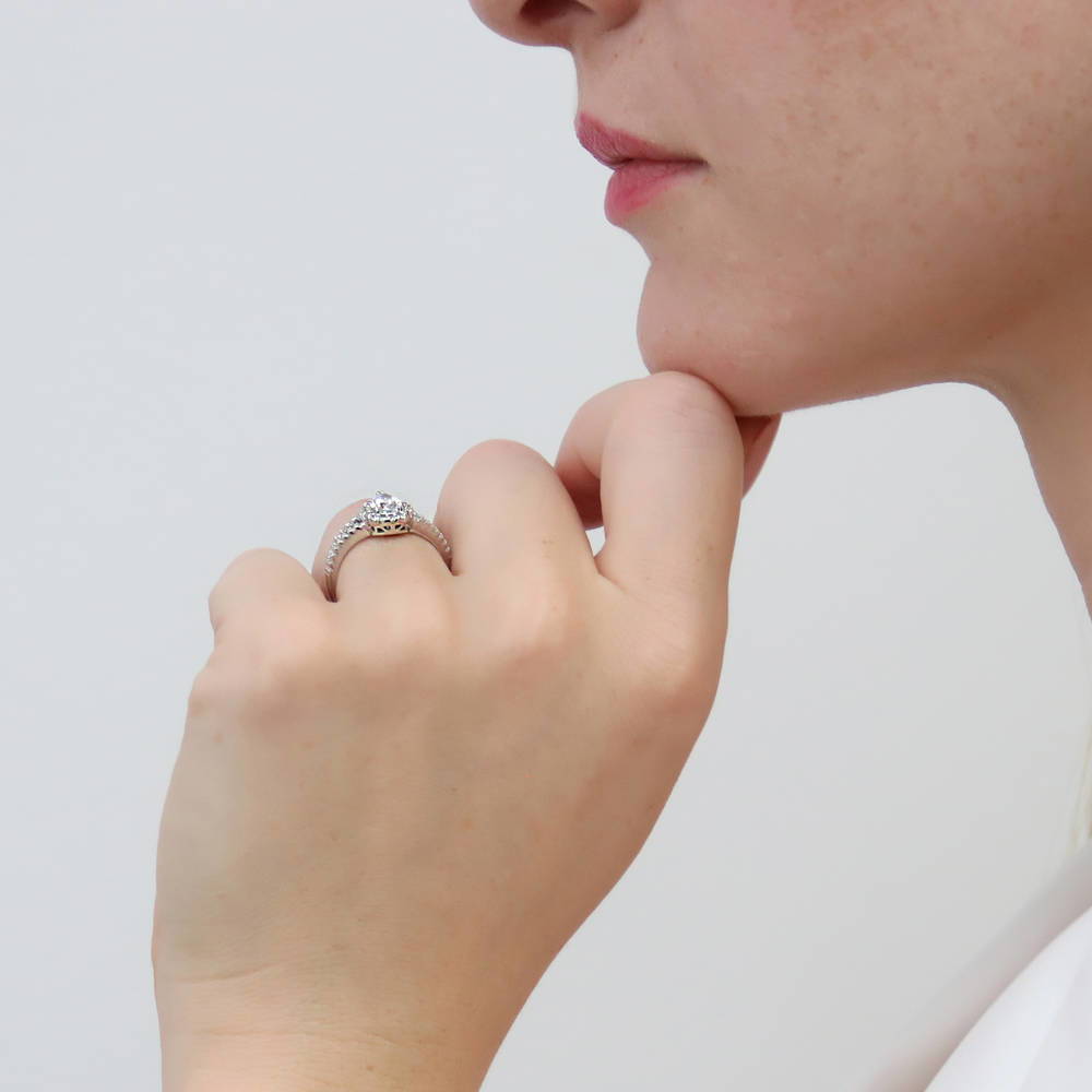 Halo Wishbone Pear CZ Split Shank Ring Set in Sterling Silver