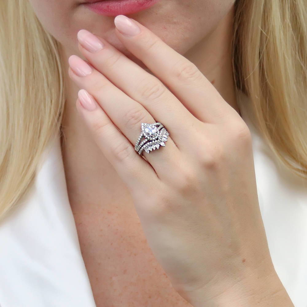 Model wearing Halo Pear CZ Split Shank Ring in Sterling Silver, 13 of 19