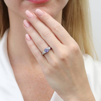 3-Stone Kaleidoscope Purple Aqua CZ Ring Set in Sterling Silver
