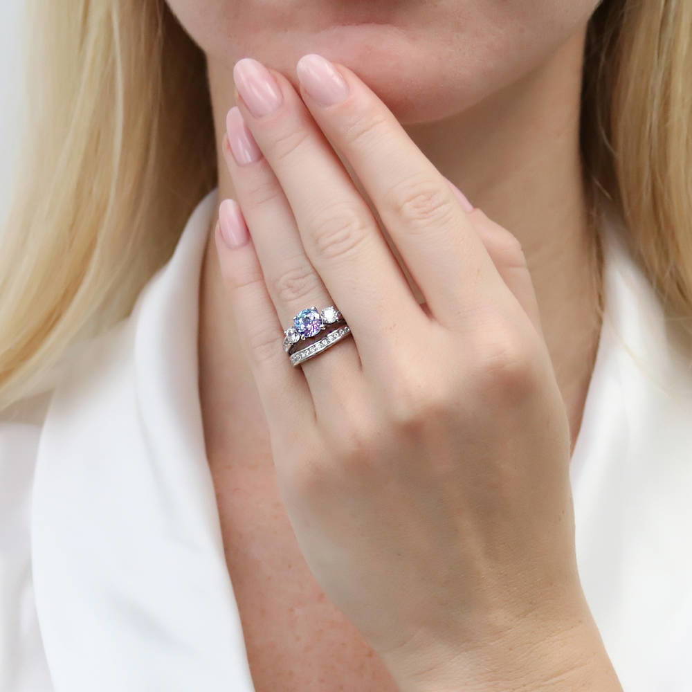 Model wearing 3-Stone Kaleidoscope Purple Aqua CZ Ring Set in Sterling Silver, 2 of 16