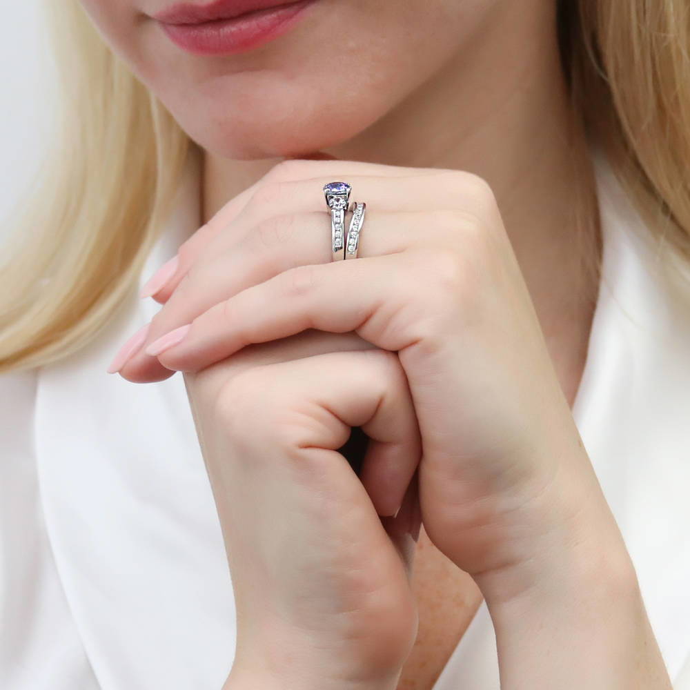 Model wearing 3-Stone Kaleidoscope Purple Aqua CZ Ring Set in Sterling Silver, 7 of 16