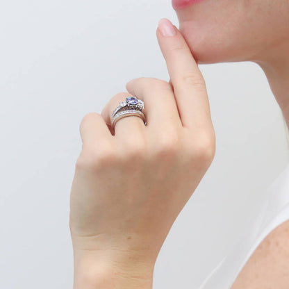 3-Stone Kaleidoscope Purple Aqua CZ Ring Set in Sterling Silver