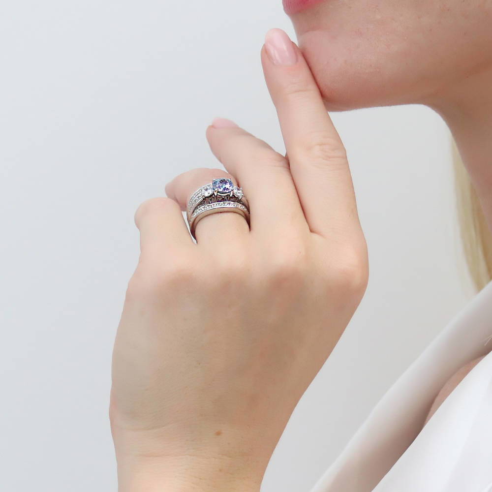 3-Stone Kaleidoscope Purple Aqua CZ Ring in Sterling Silver