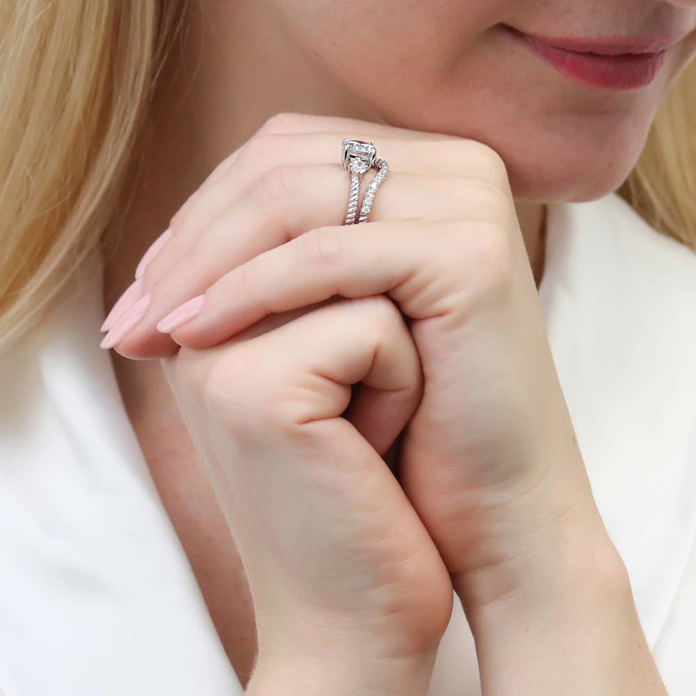 Model wearing 3-Stone Woven 2ct CZ Ring in Sterling Silver, 14 of 19