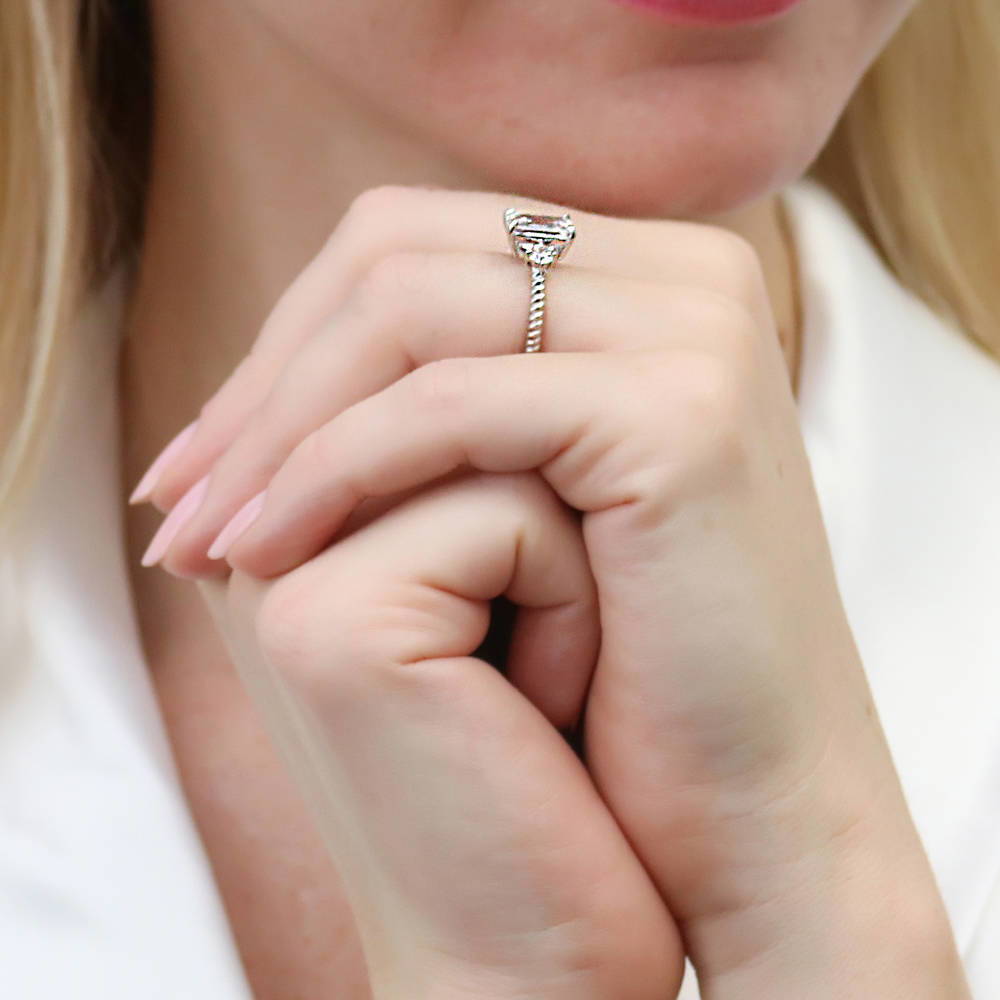Model wearing 3-Stone Woven Wishbone Chevron CZ Ring Set in Sterling Silver, 12 of 16