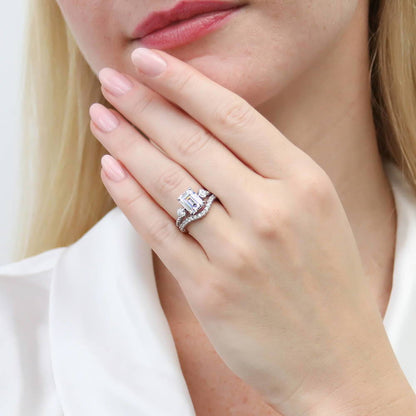 3-Stone Woven 2.6ct Emerald Cut CZ Ring in Sterling Silver