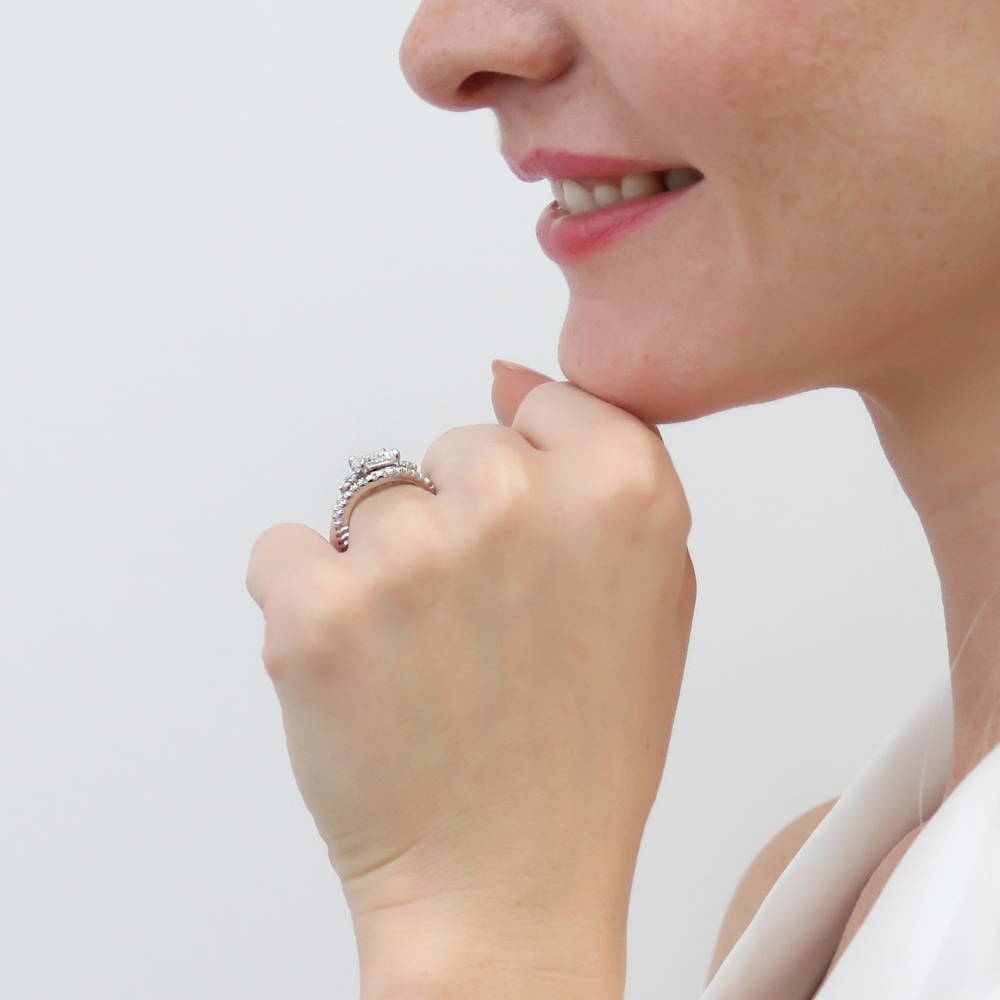 Model wearing Woven Wishbone Chevron Pave CZ Eternity Ring in Sterling Silver, 14 of 16