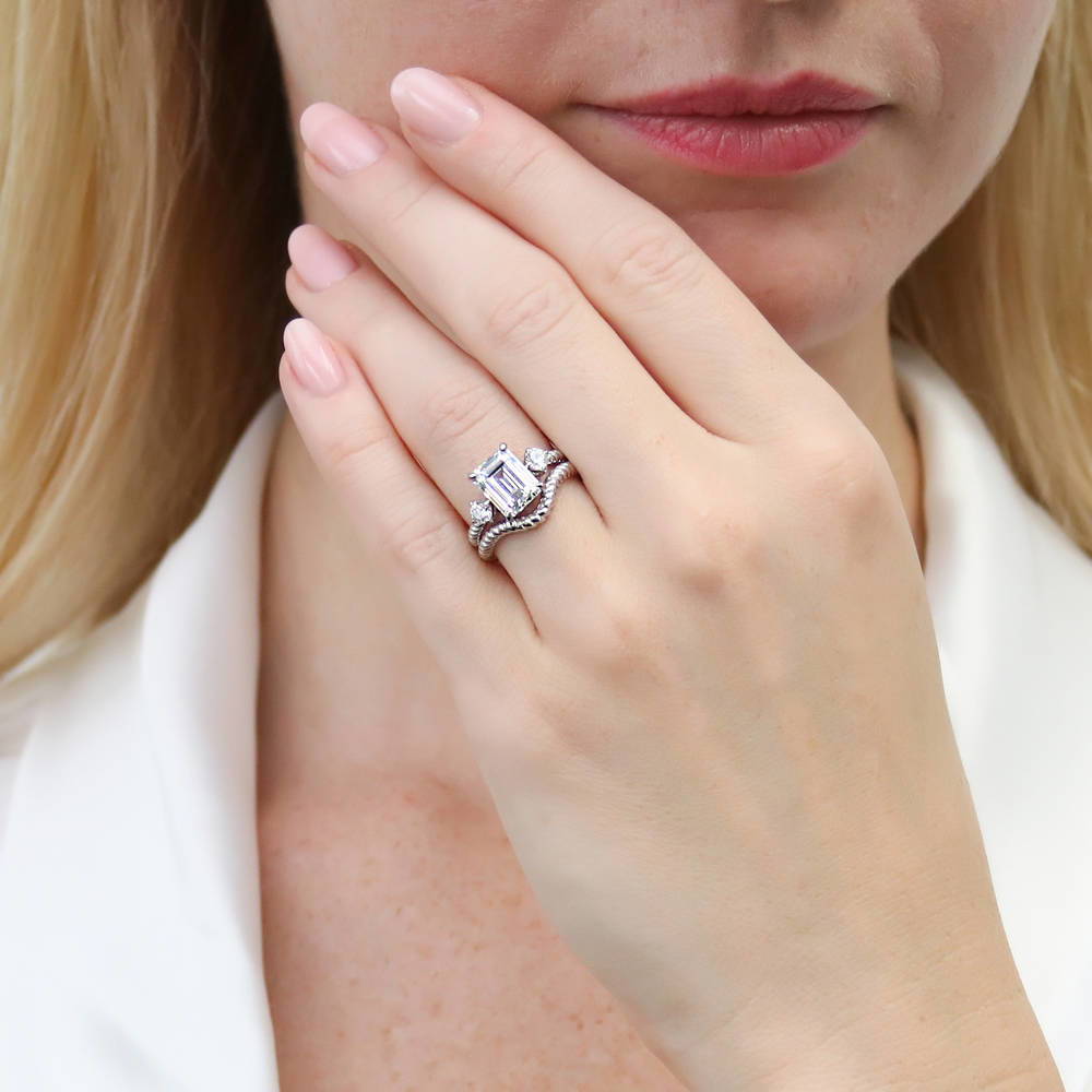 Model wearing 3-Stone Woven Wishbone Chevron CZ Ring Set in Sterling Silver, 2 of 16