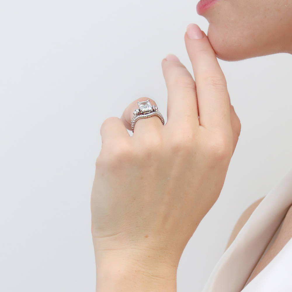 3-Stone Woven Wishbone Chevron CZ Ring Set in Sterling Silver