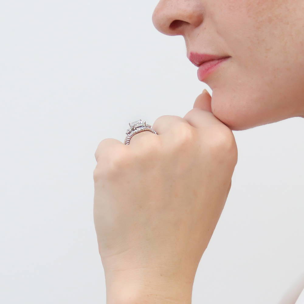 Model wearing 3-Stone Woven Wishbone Chevron CZ Ring Set in Sterling Silver, 3 of 16