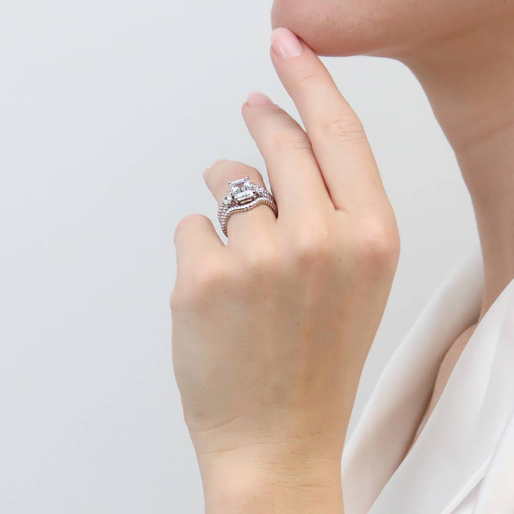 3-Stone Woven Wishbone Chevron CZ Ring Set in Sterling Silver