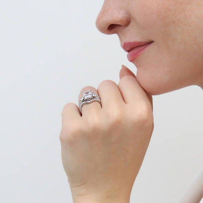 3-Stone Woven Wishbone Chevron CZ Ring Set in Sterling Silver