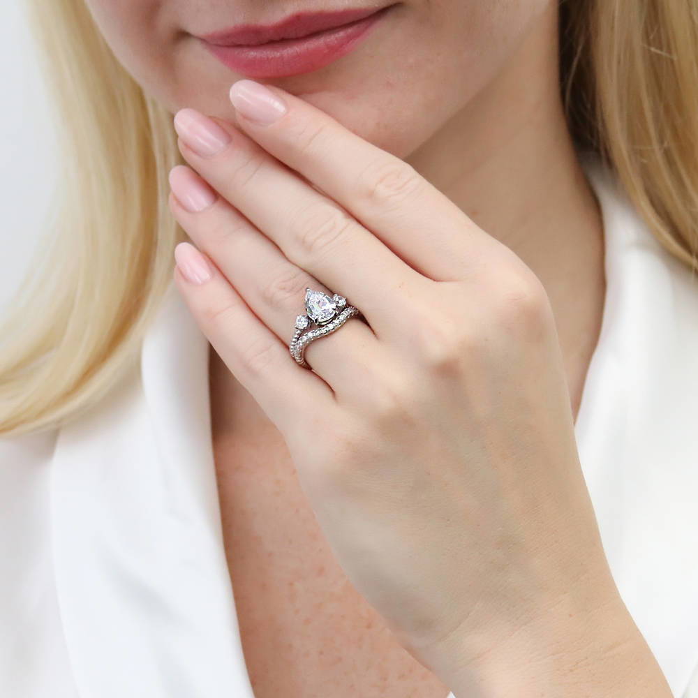 Model wearing 3-Stone Woven Pear CZ Ring Set in Sterling Silver, 3 of 16
