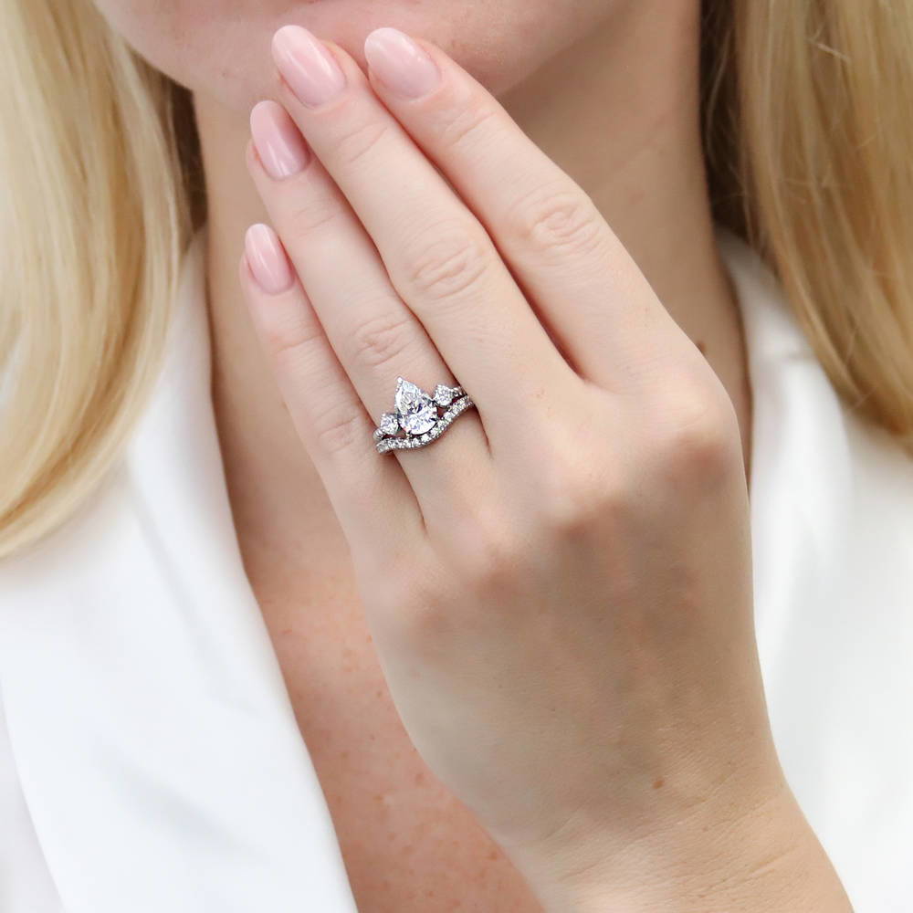 3-Stone Woven Pear CZ Ring Set in Sterling Silver