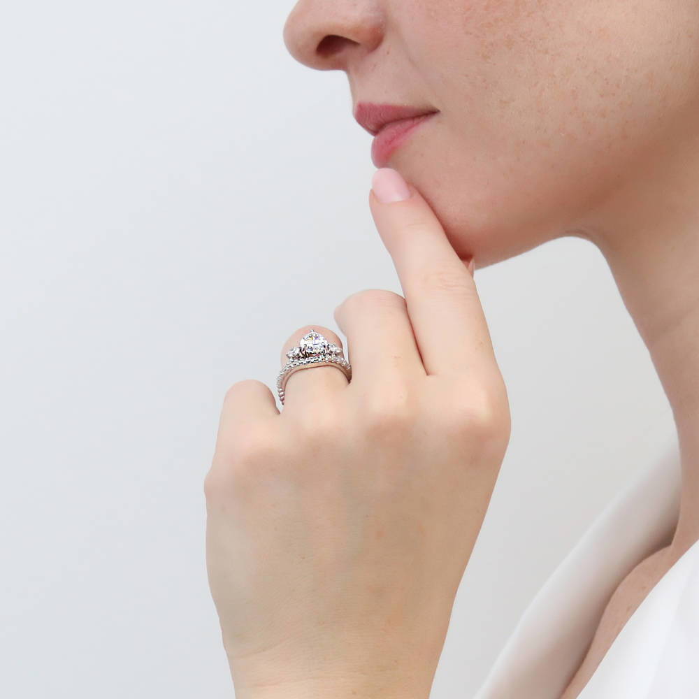 Model wearing 3-Stone Woven Pear CZ Ring Set in Sterling Silver, 6 of 16