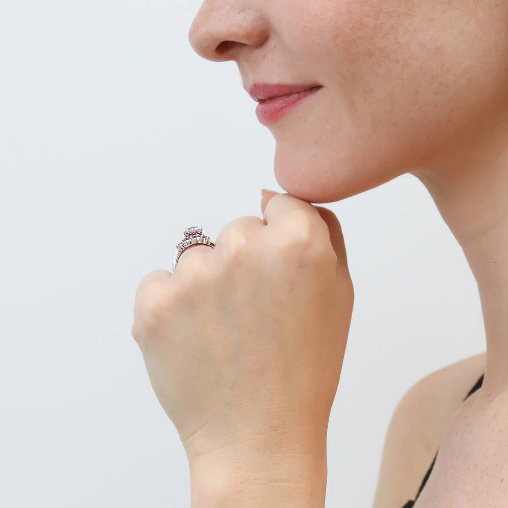 Model wearing Solitaire 5-Stone Wishbone 1.25ct CZ Ring Set in Sterling Silver, 3 of 19
