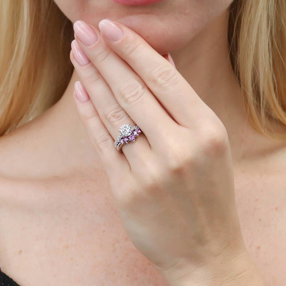 Model wearing Solitaire 5-Stone Wishbone 1.25ct CZ Ring Set in Sterling Silver, 2 of 19