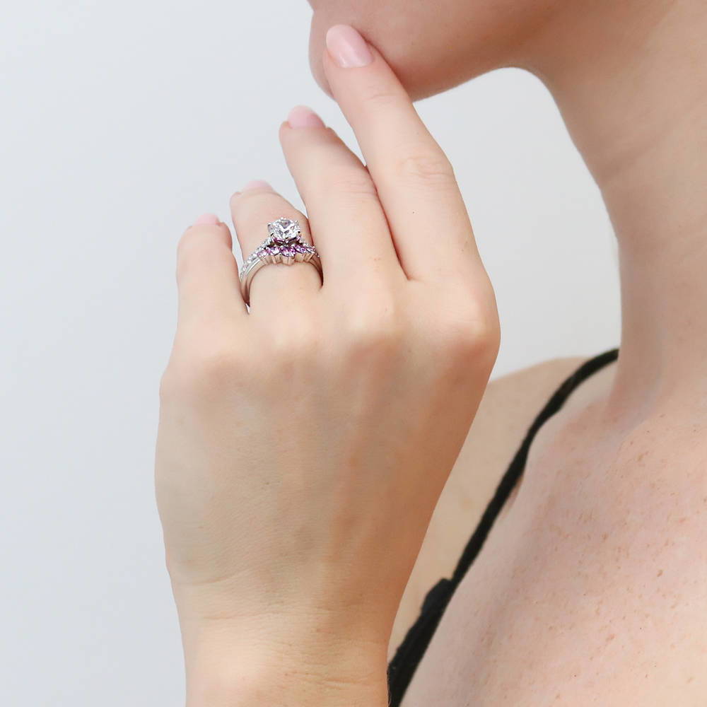Model wearing Solitaire 5-Stone Wishbone 1.25ct CZ Ring Set in Sterling Silver, 6 of 19