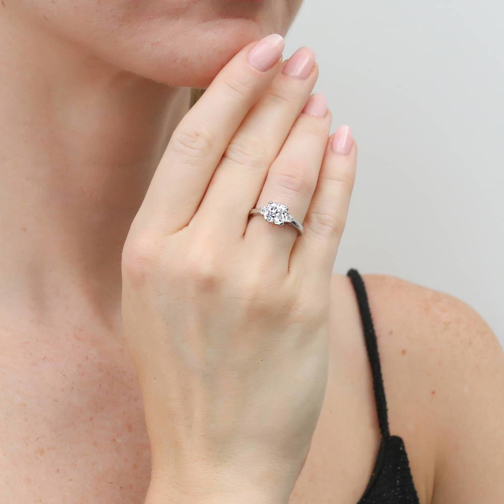 Model wearing 3-Stone 2ct Cushion CZ Ring in Sterling Silver, 5 of 9