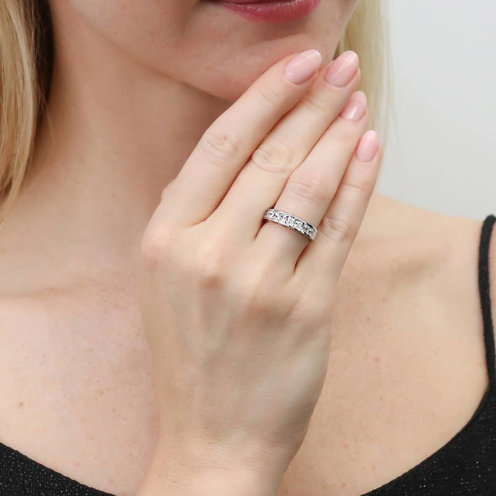Model wearing Channel Cushion CZ Eternity Ring in Sterling Silver, 3 of 8