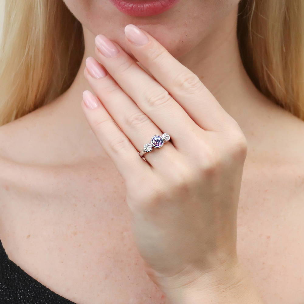 Model wearing 3-Stone Kaleidoscope 0.8ct Purple Aqua CZ Ring in Sterling Silver, 2 of 8