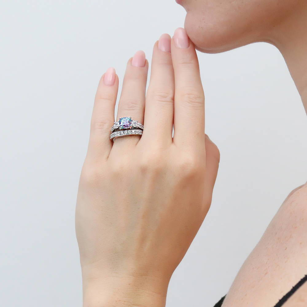 Model wearing Pave CZ Eternity Ring in Sterling Silver, 10 of 19