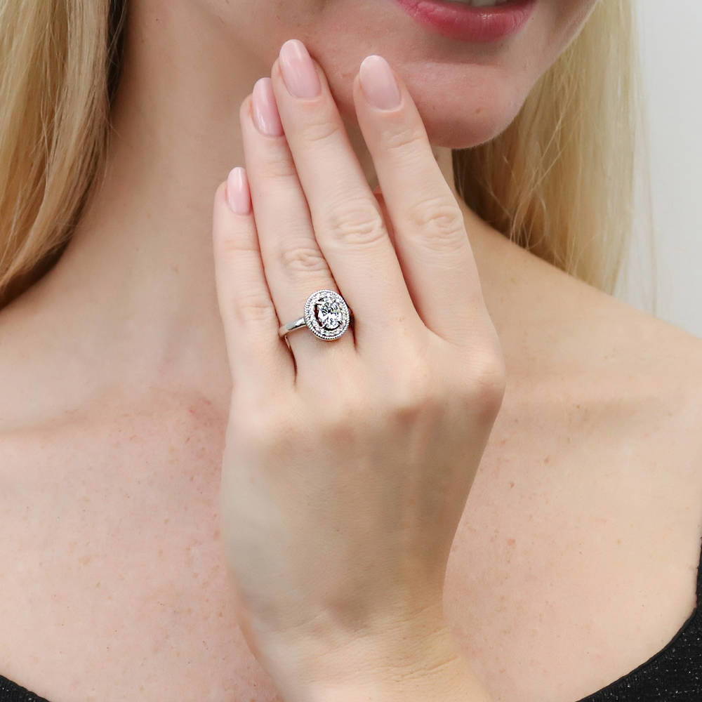 Model wearing Halo Woven Art Deco Oval CZ Ring in Sterling Silver, 3 of 8