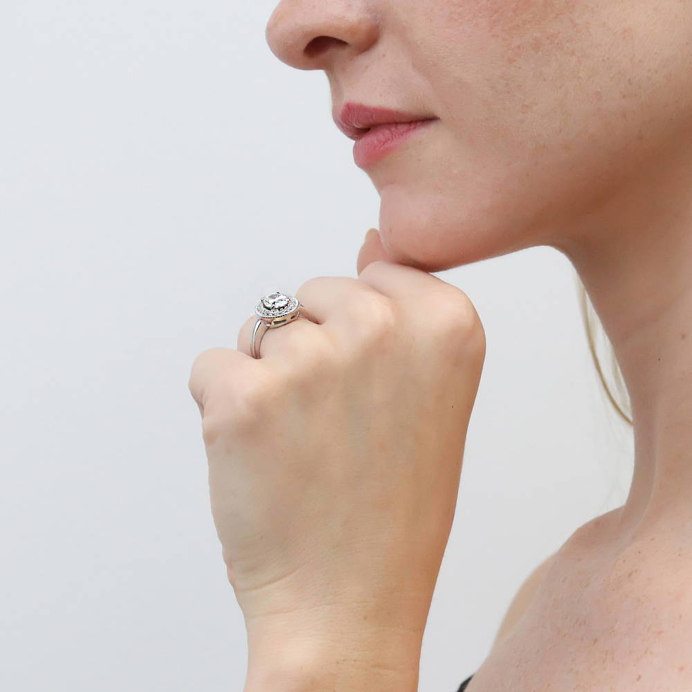 Model wearing Halo Woven Art Deco Oval CZ Ring in Sterling Silver, 6 of 8