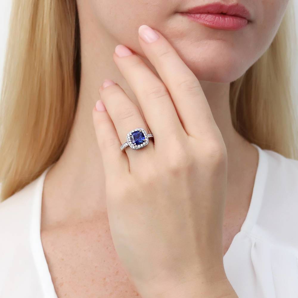 Halo Simulated Blue Sapphire Cushion CZ Ring in Sterling Silver