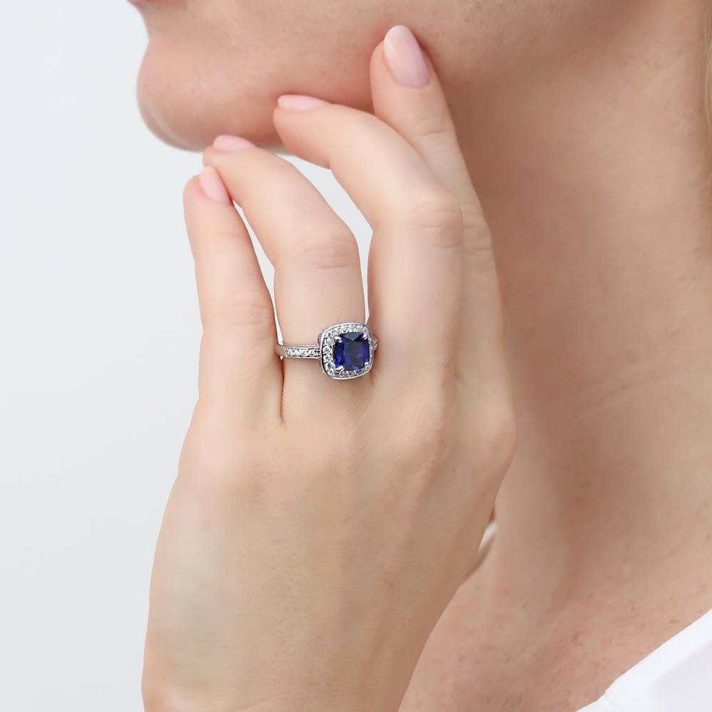 Halo Simulated Blue Sapphire Cushion CZ Ring in Sterling Silver