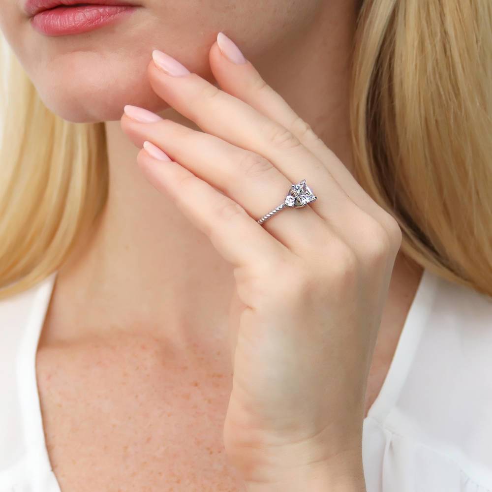 Model wearing 3-Stone Woven Princess CZ Ring Set in Sterling Silver, 12 of 16